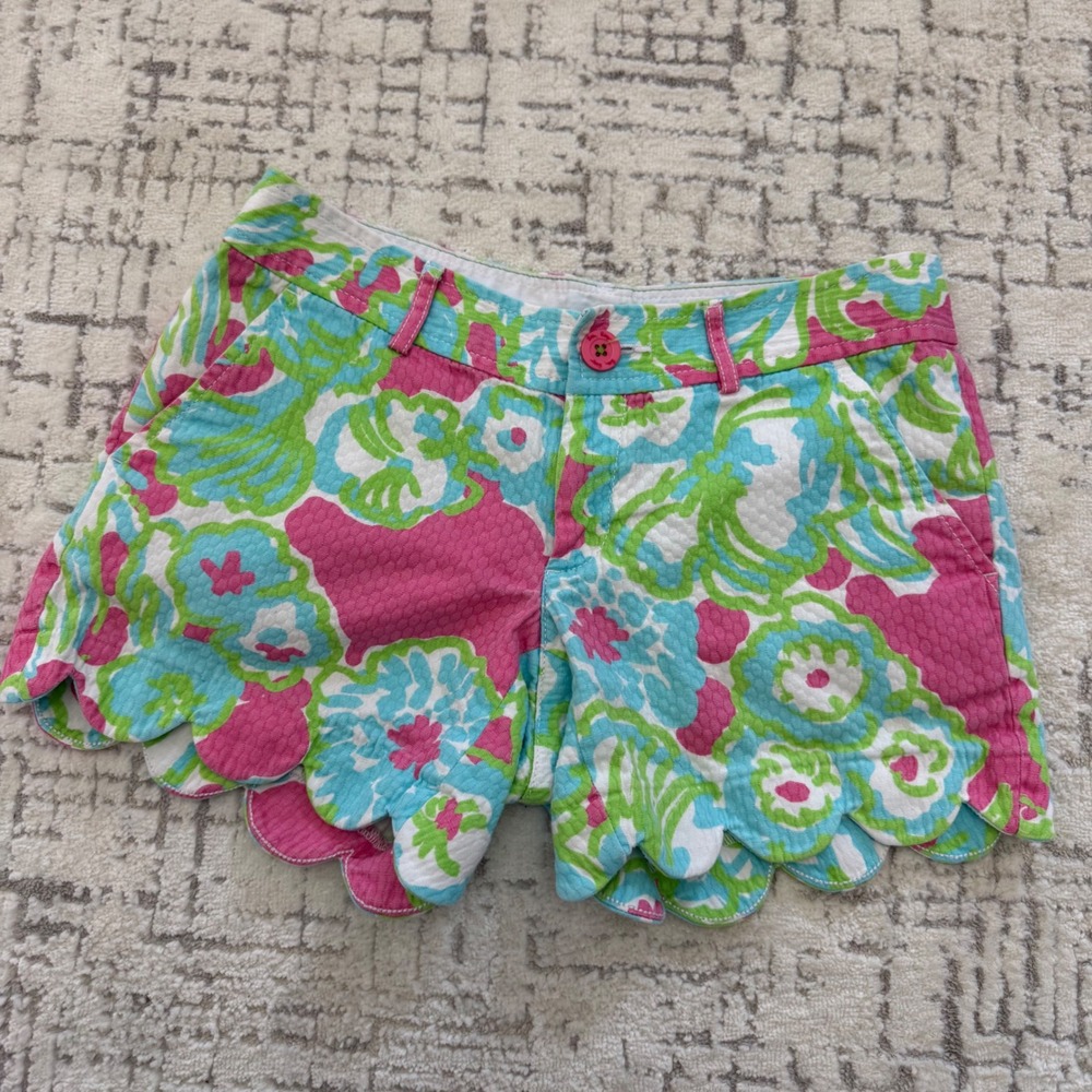H1‎ Lilly Pulitzer Buttercup Scalloped Hem Pink Blue Green Floral Seersucker